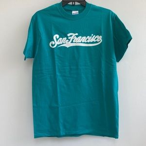 Teal blue green “San Francisco” high neck collar short sleeve tshirt - size M